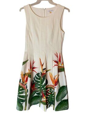 Calvin Klein White Sleeveless Fit Flare Dress Tropical Bird Of Paradise Size 10